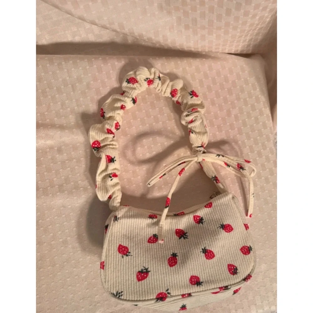 Strawberry Print Corduroy Shoulder Bag Cream Ruched Handle Bag Mini